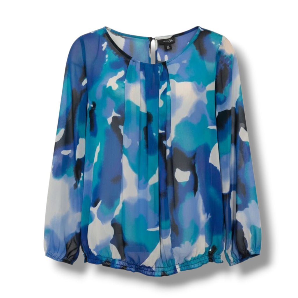 East 5th Women's Blue Watercolor Abstract Chiffon Blouse Size Medium