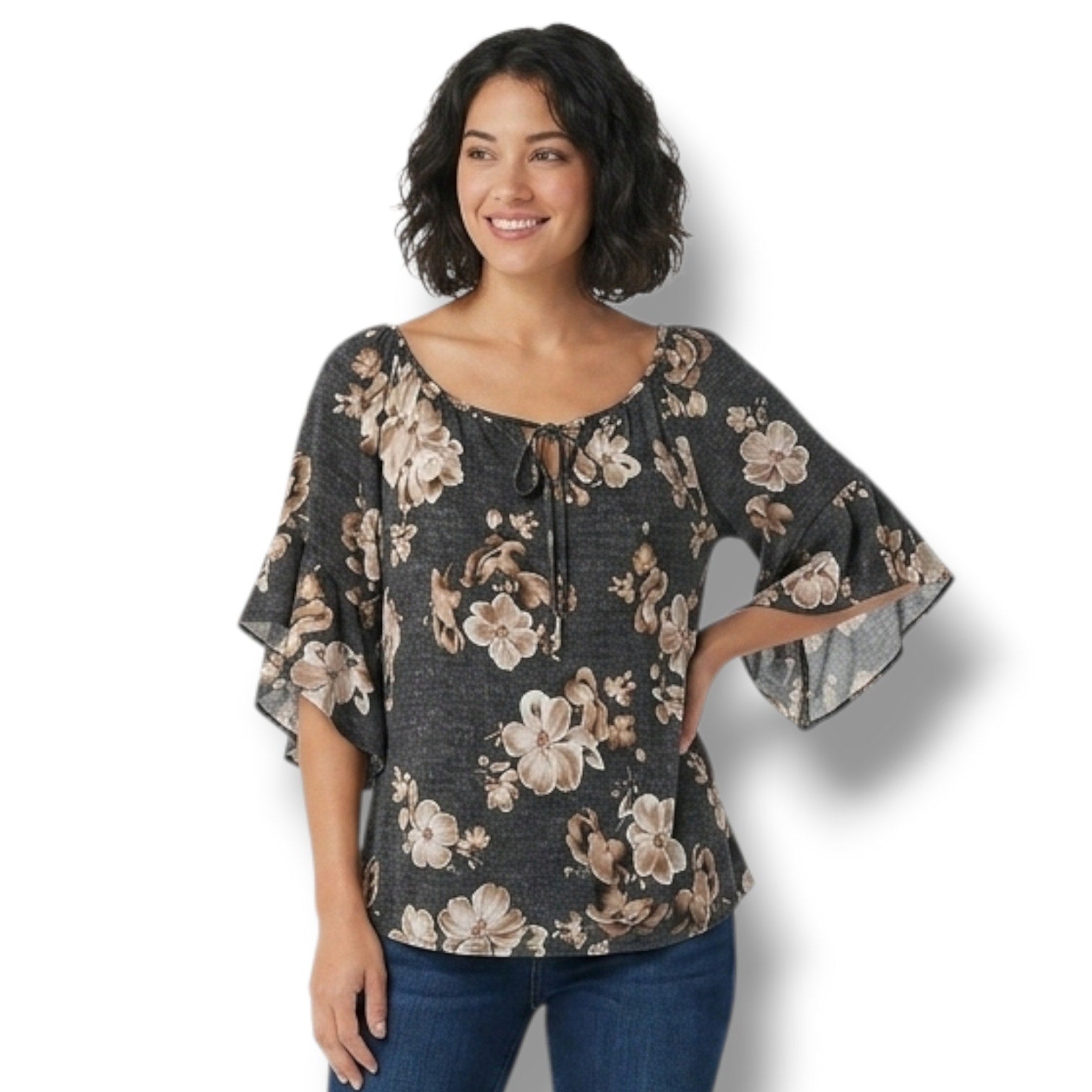 EXPRESSO Floral Flutter Sleeve Lace-Up Blouse XL – Black Beige Stretchy Top