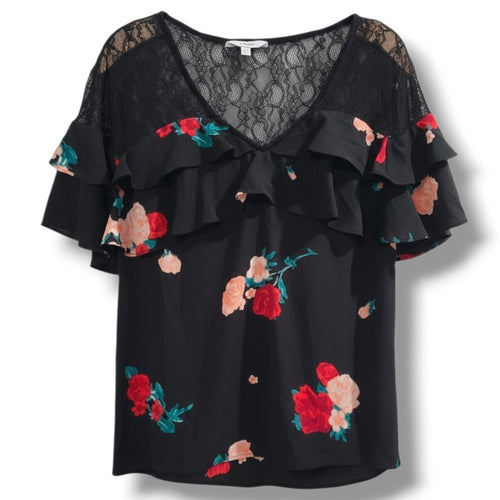 Candie’s Women’s Black Floral Ruffle Lace Blouse – Size Small, Short Sleeve
