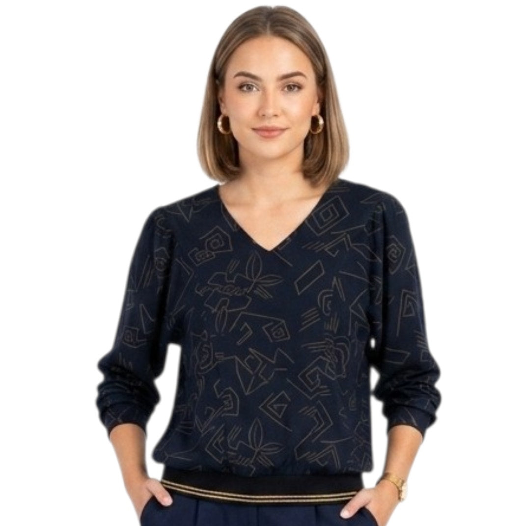 Vintage Ms. Paquette California Black & Gold Geometric V-Neck Blouse Medium