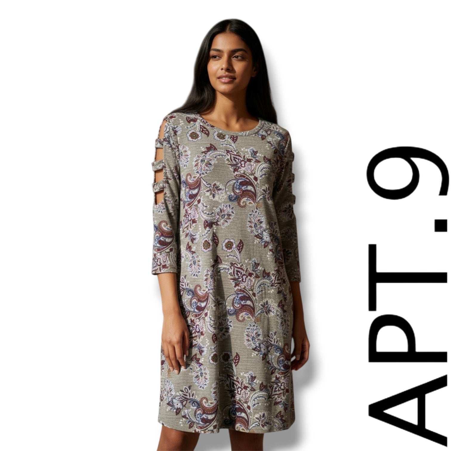 Apt 9 Women’s Small Paisley Swing Dress Lattice Sleeve Boho Chic