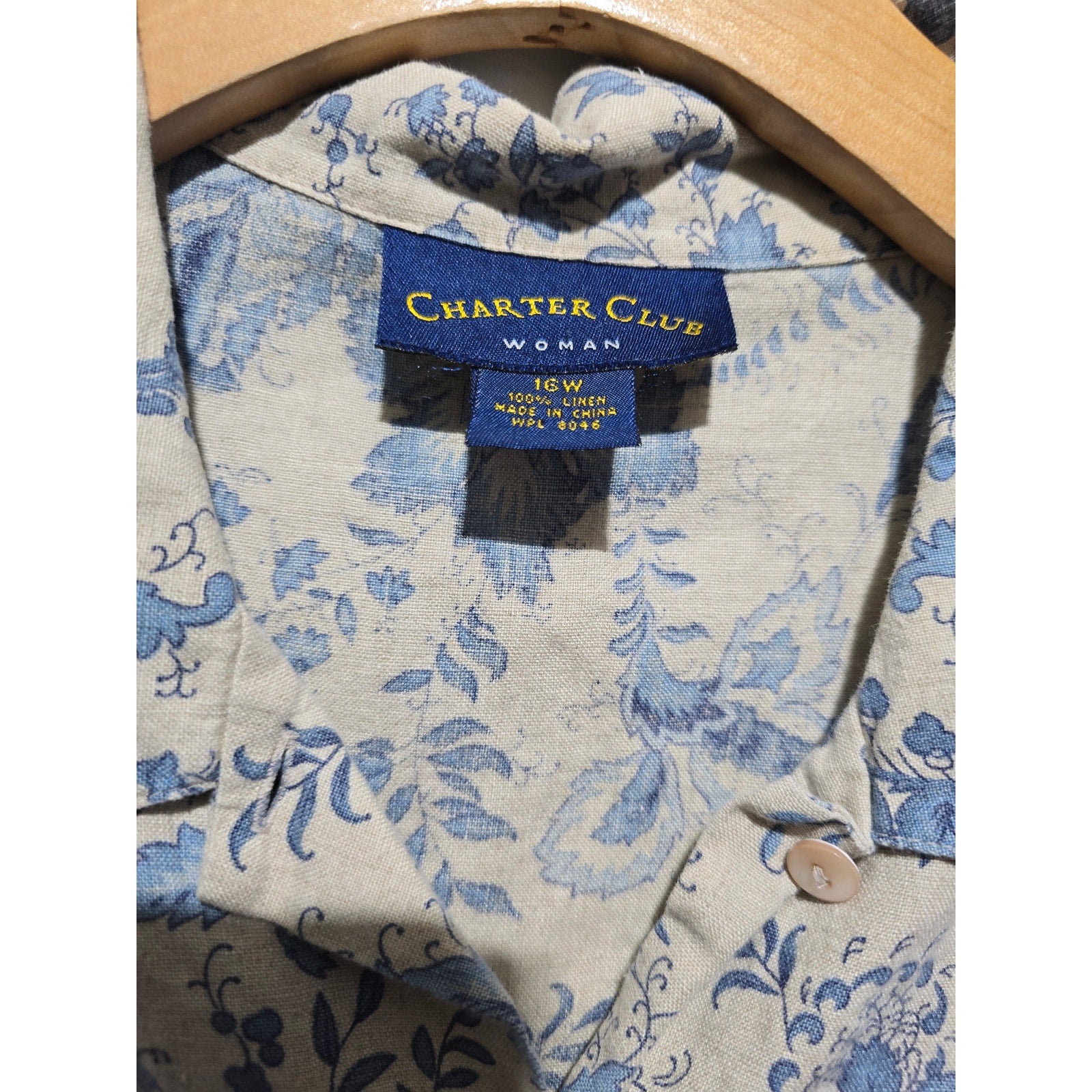 Charter Club Woman Size 16W Blue Beige Floral 100% Linen Button Down Shirt