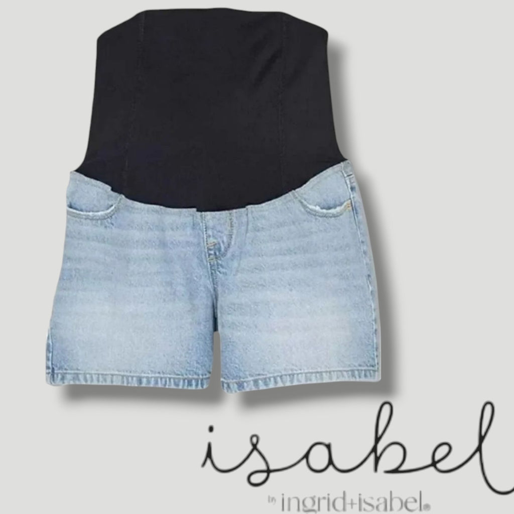 Isabel Maternity by Ingrid & Isabel Blue Denim Crossover Panel Midi Shorts – NWT