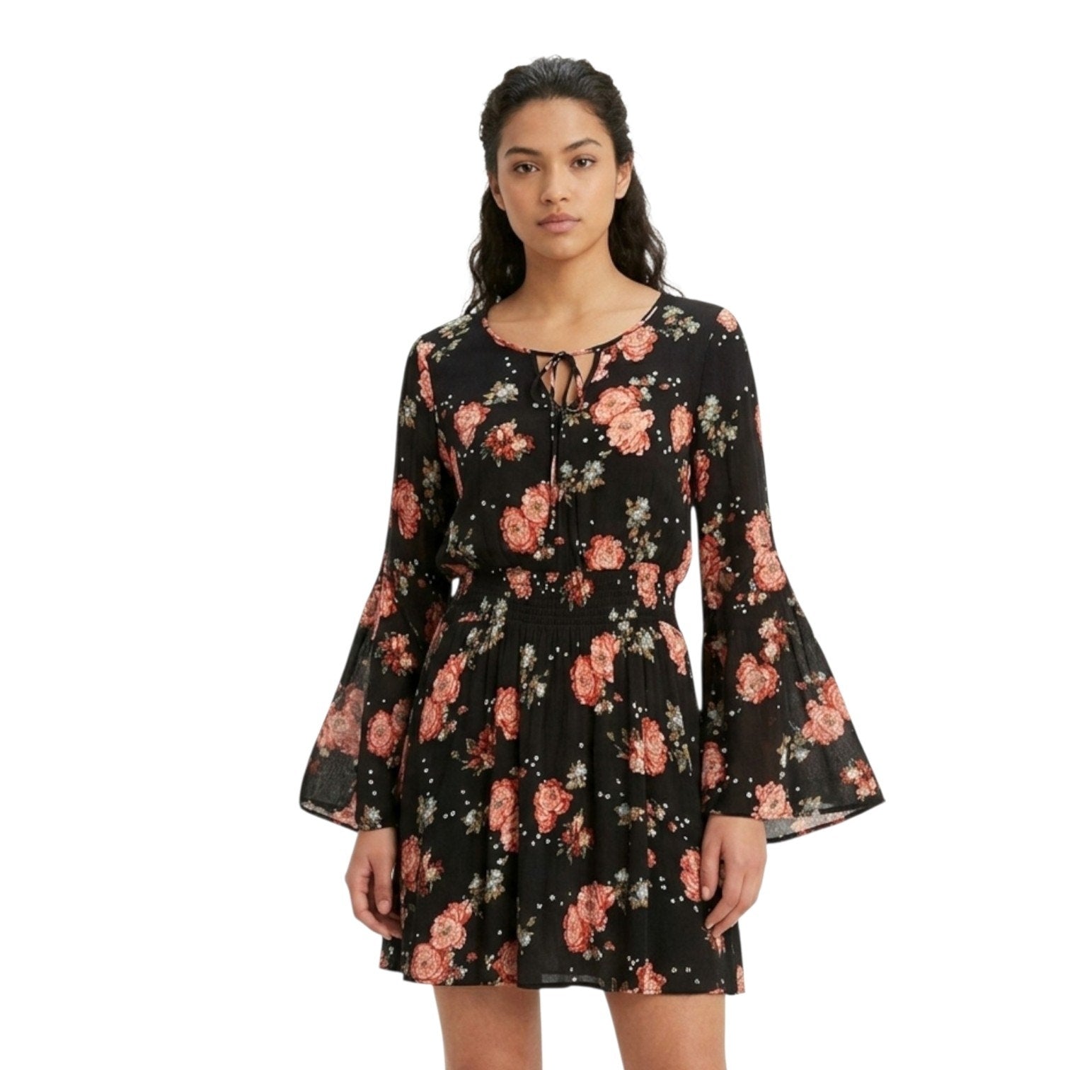 American Rag Cie Juniors Black Floral Lace-Up Bell Sleeve Dress – Size Small