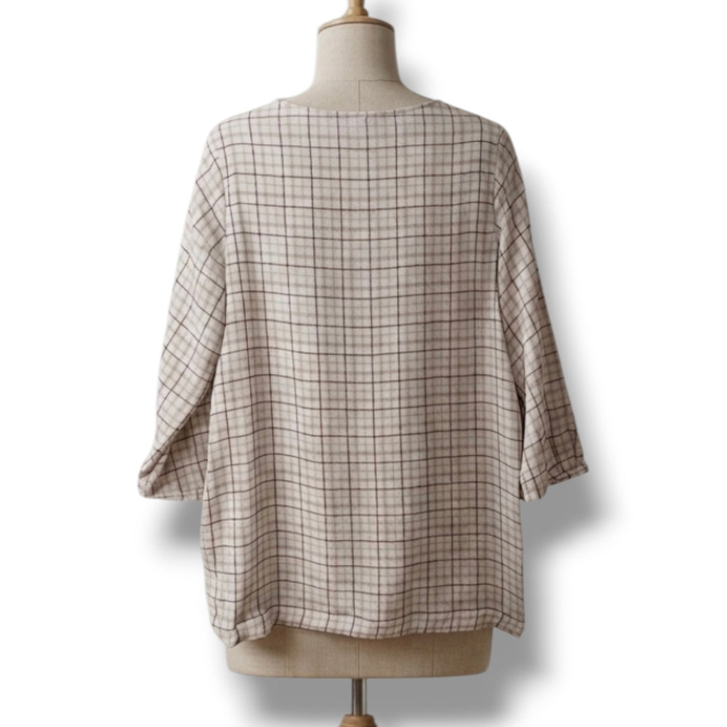 Liz Claiborne Women's Large cream Burgundy Plaid 3/4 Sleeve Blouse Top