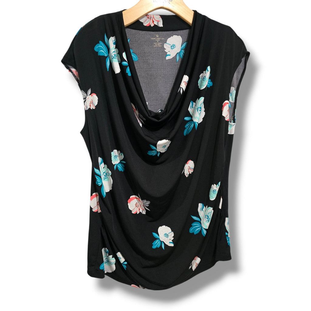 Worthington Woman plus size Black Floral Cowl Neck Cap Sleeve Blouse - 1x