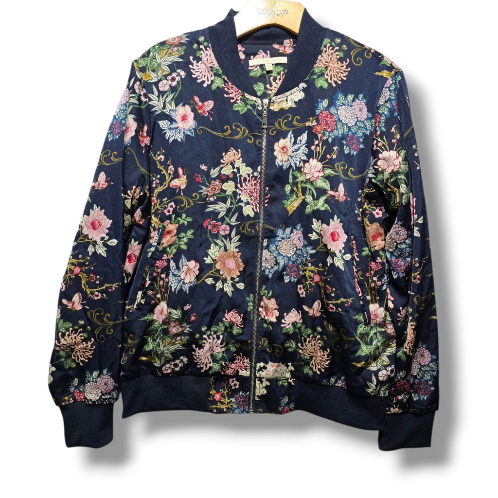 Style Me Women's Size M Navy Blue Asian Floral Butterfly Satin Bomber Jacket