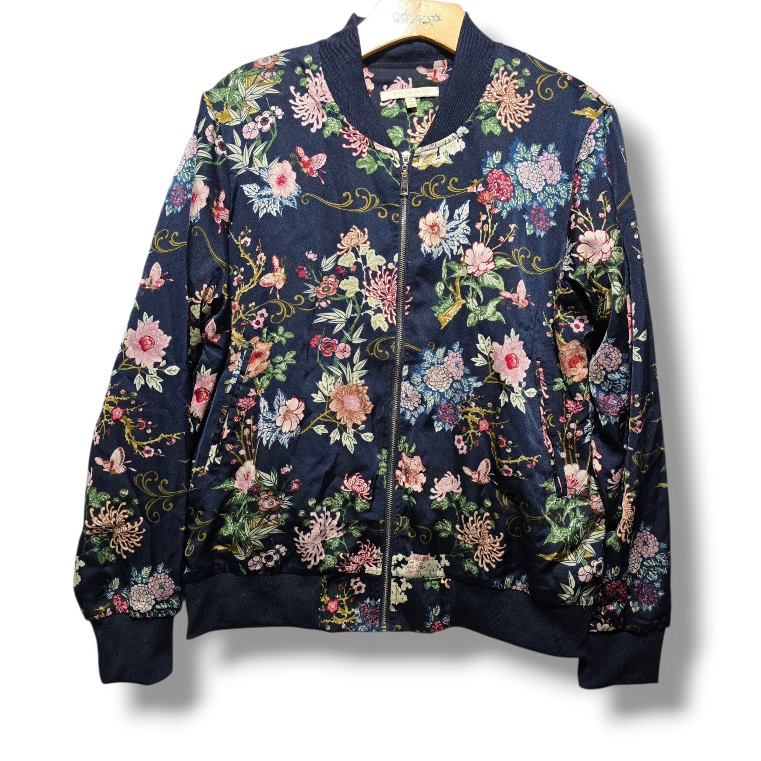 Style Me Women's Size M Navy Blue Asian Floral Butterfly Satin Bomber Jacket