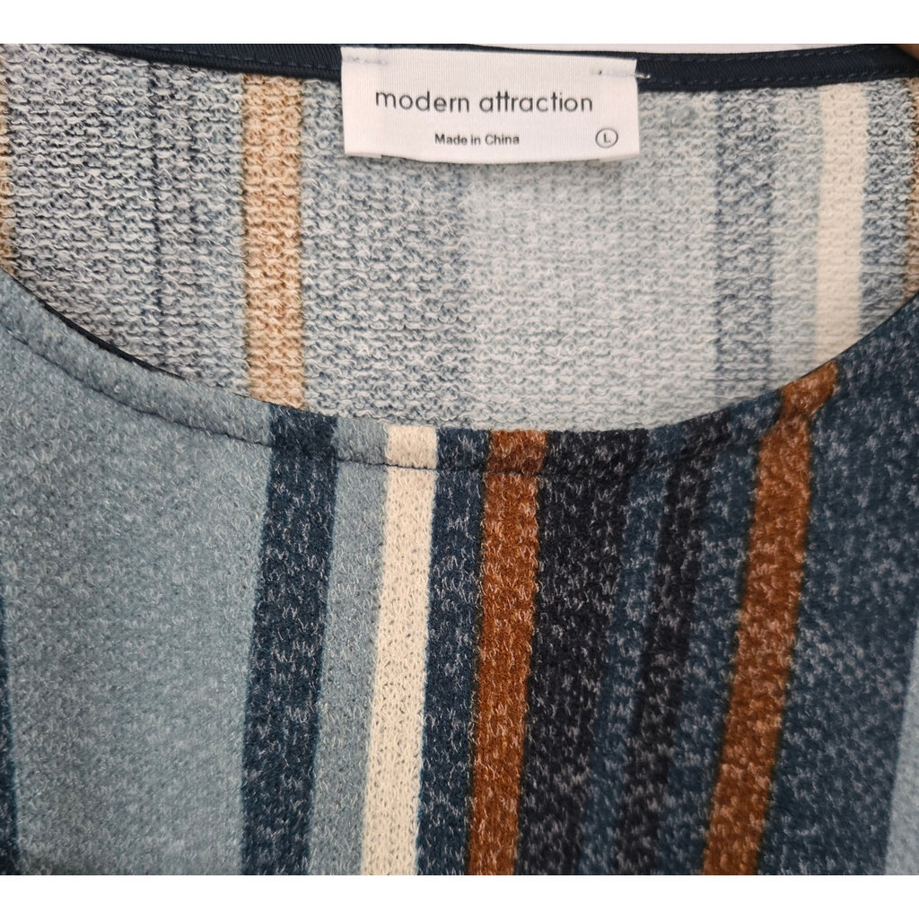 Modern Attraction Striped Tie-Front Top Large Blue Brown Flutter Sleeve