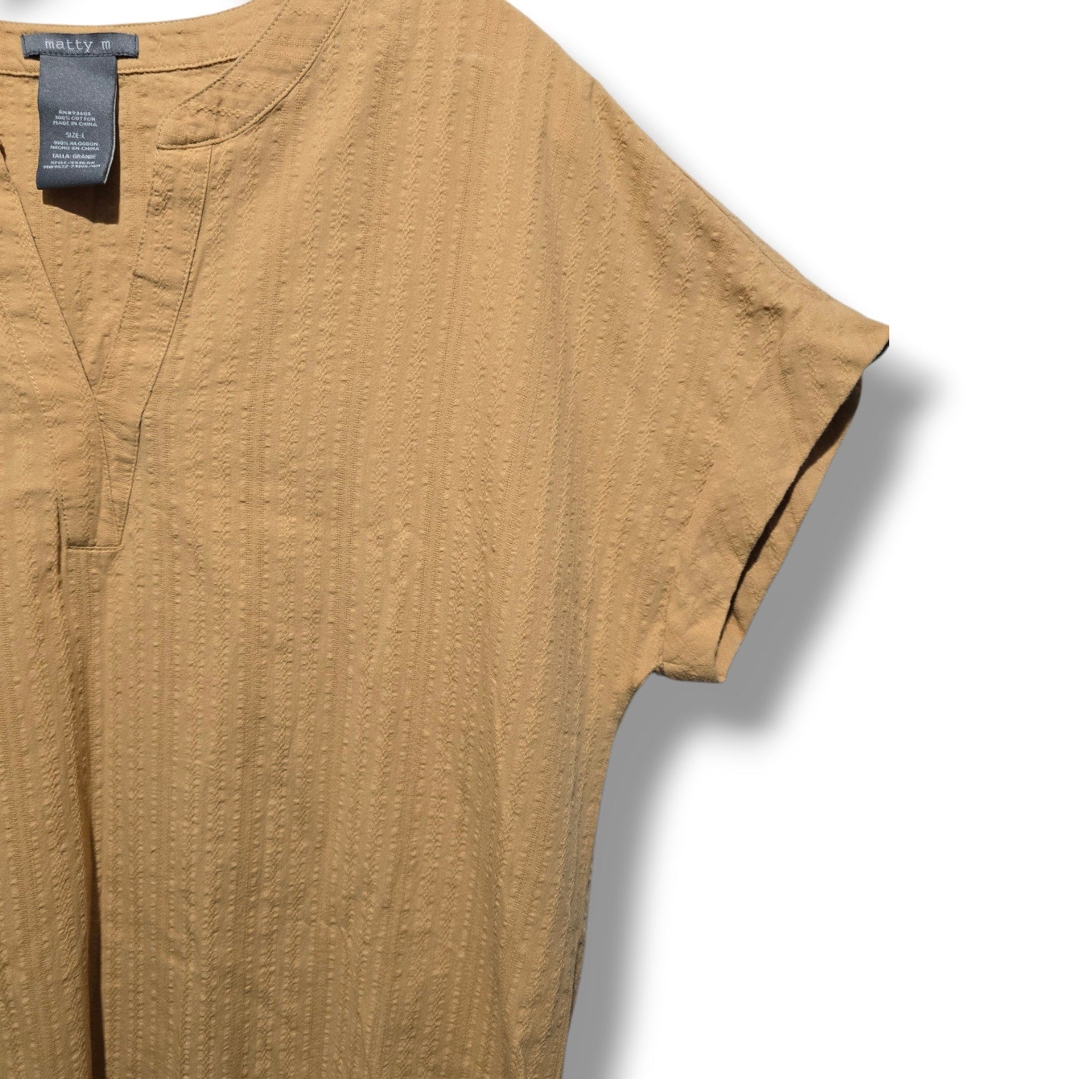 Matty M Women's Large Tan Textured 100% Cotton Split V-Neck Blouse Top