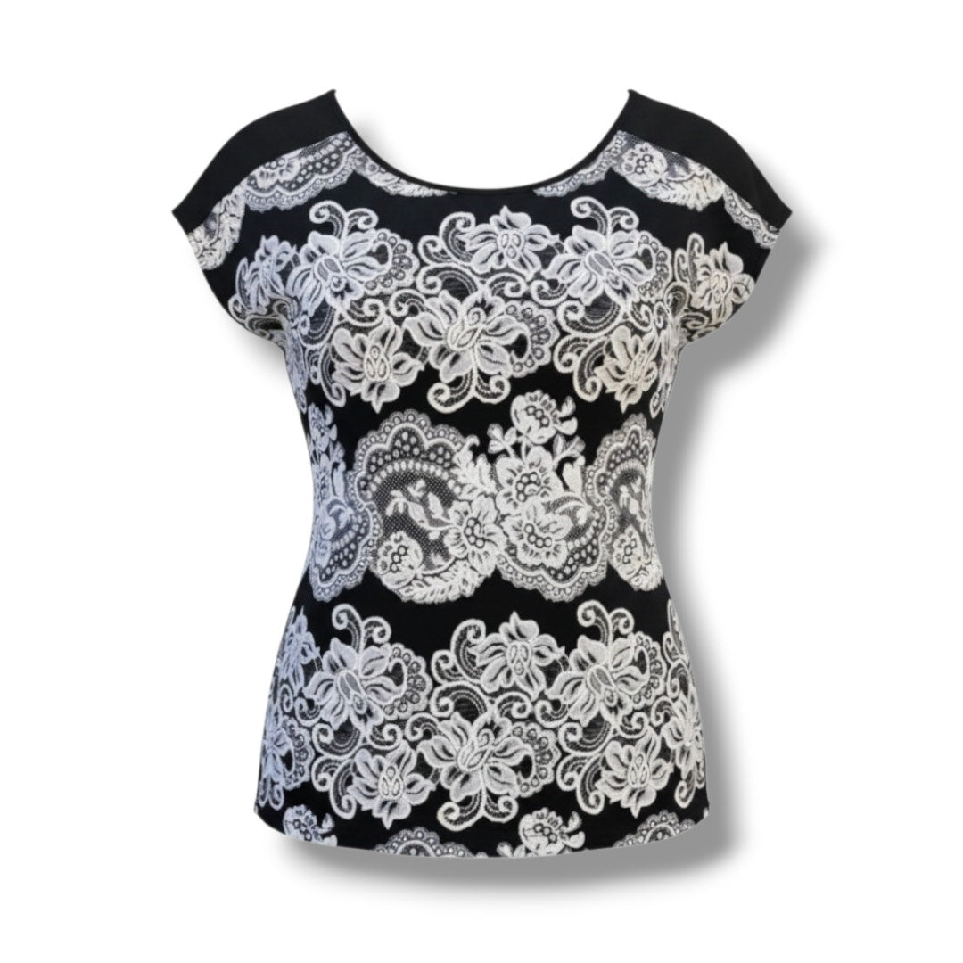 Ava James Black & White Floral Split-Back Blouse – Women’s Medium