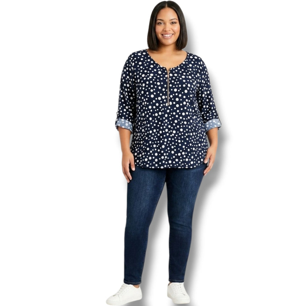Dressbarn Women’s Plus Size 2X Navy Blue Polka Dot Blouse – Polyester Spandex