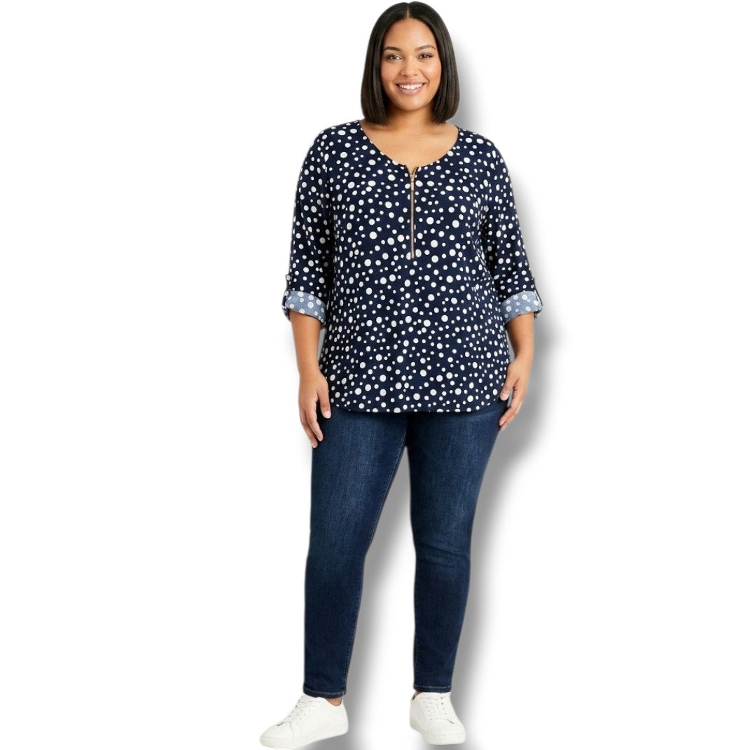 Dressbarn Women’s Plus Size 2X Navy Blue Polka Dot Blouse – Polyester Spandex