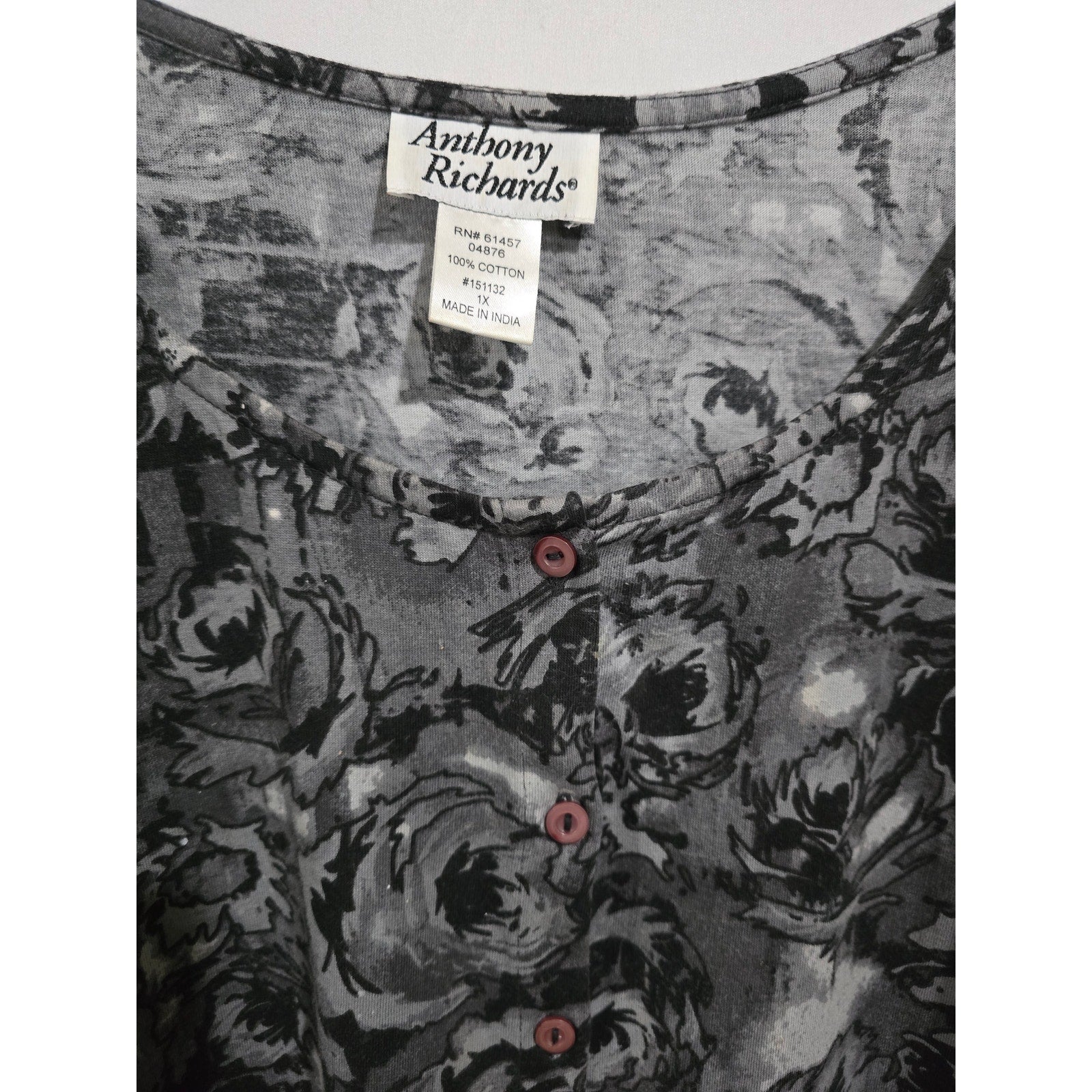 Anthony Richards 1X Black Floral Button Front Lounge Dress
