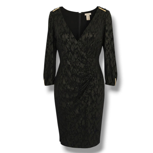 Caché Black & Metallic Gold Shimmer Ruched Faux-Wrap Dress – Large