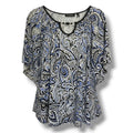 Notations Women’s Blue Black Paisley Print Blouse Medium Beaded Keyhole Top