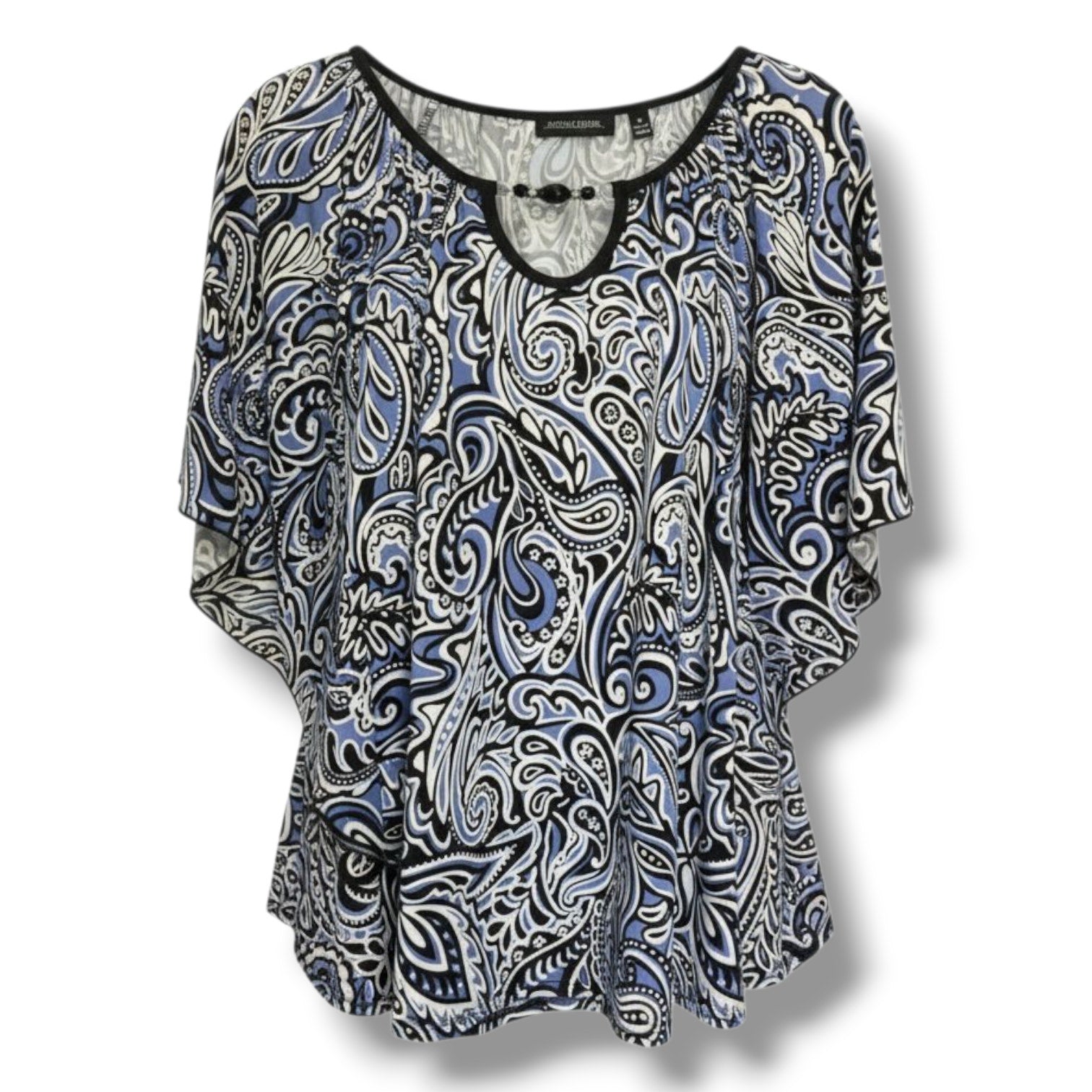 Notations Women’s Blue Black Paisley Print Blouse Medium Beaded Keyhole Top