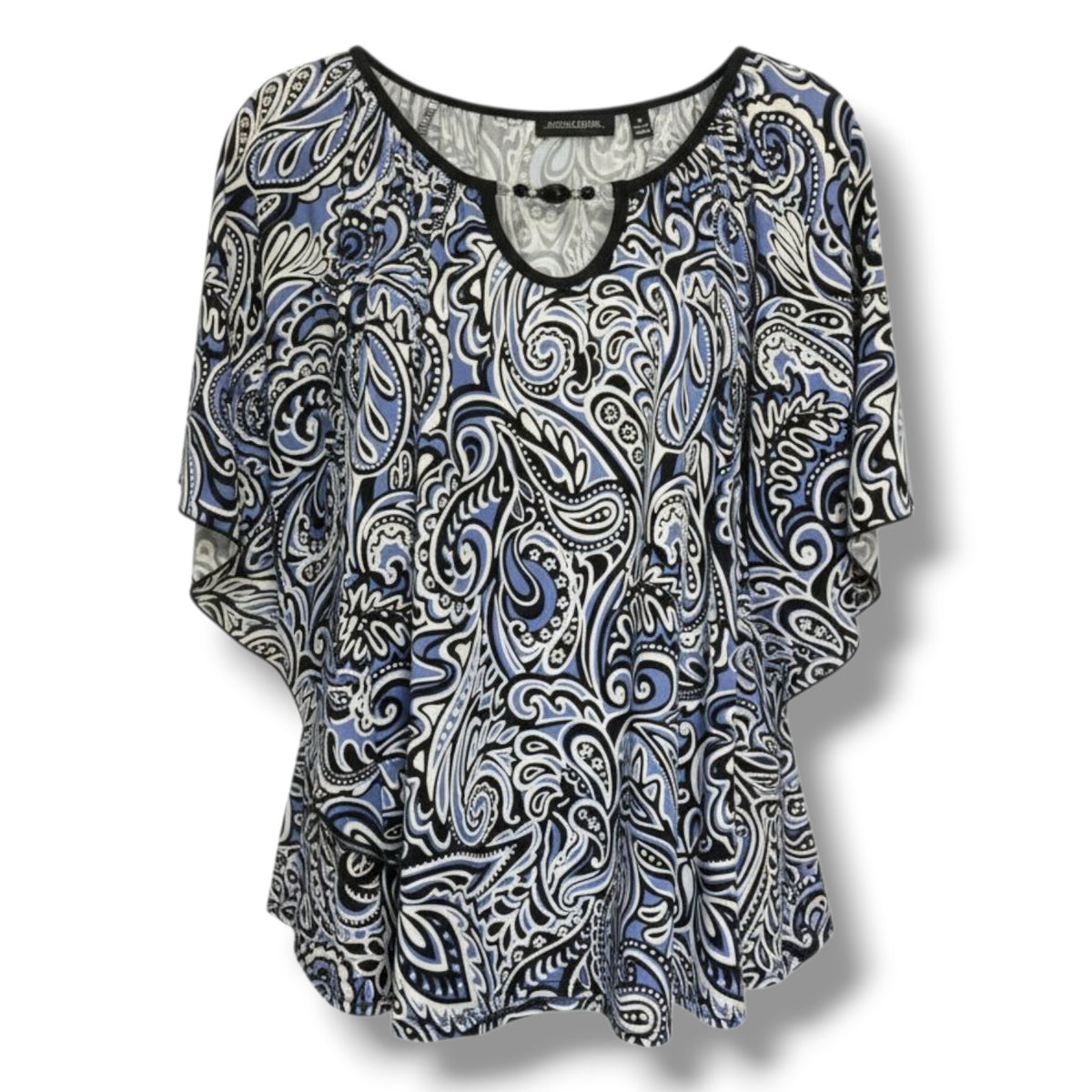 Notations Women’s Blue Black Paisley Print Blouse Medium Beaded Keyhole Top