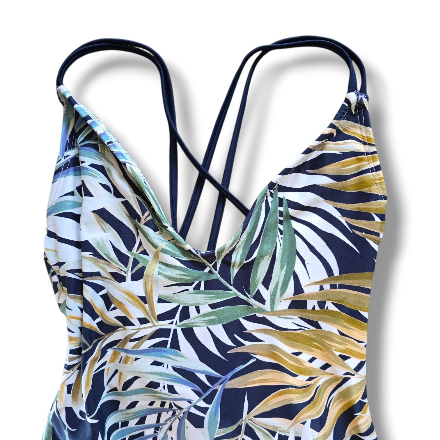 HURLEY women's Tropical Palm Leaf One Piece Swimsuit XS Blue Green Cross Back