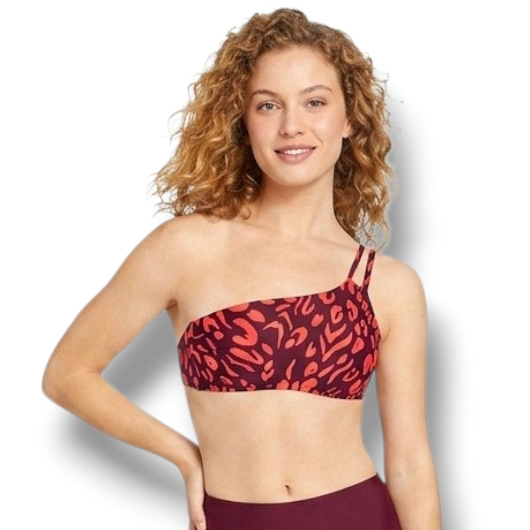 Shade & Shore Women’s Red Animal Print One Shoulder Bikini Top Small NWT