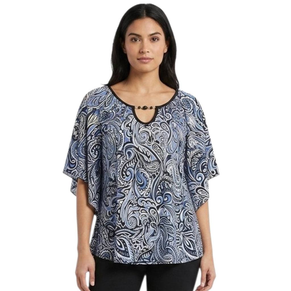Notations Women’s Blue Black Paisley Print Blouse Medium Beaded Keyhole Top