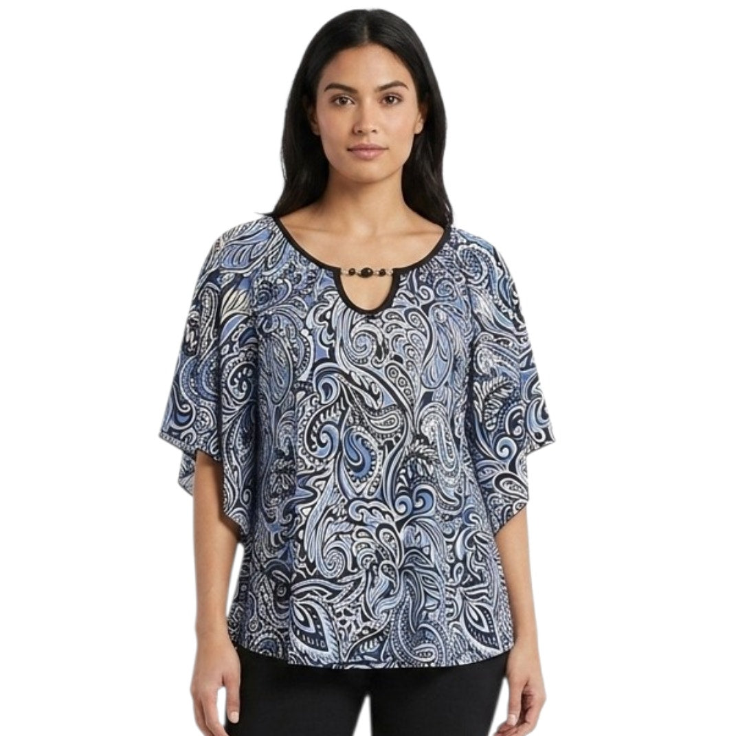 Notations Women’s Blue Black Paisley Print Blouse Medium Beaded Keyhole Top