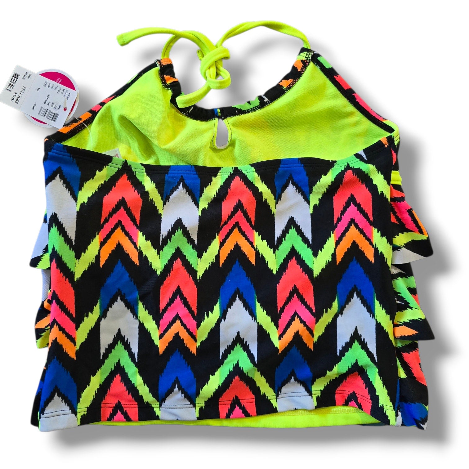 Justice Girl’s Neon Chevron Tiered Ruffle Tankini Swim Top – Size 10 NWT