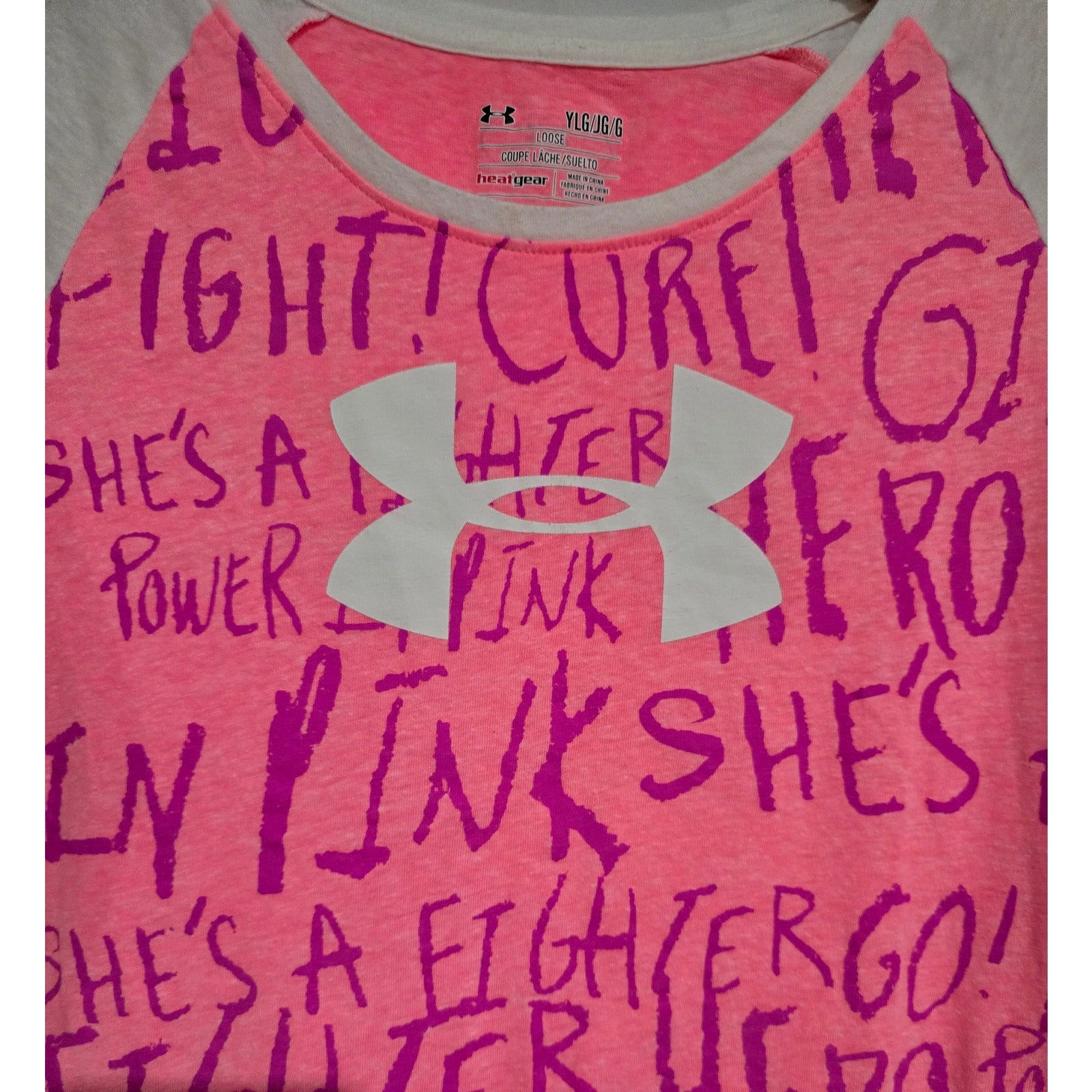 Under Armour Girls “Power in Pink” HeatGear Shirt Breast Cancer Awareness YLG