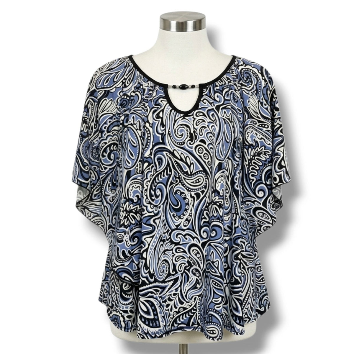 Notations Women’s Blue Black Paisley Print Blouse Medium Beaded Keyhole Top