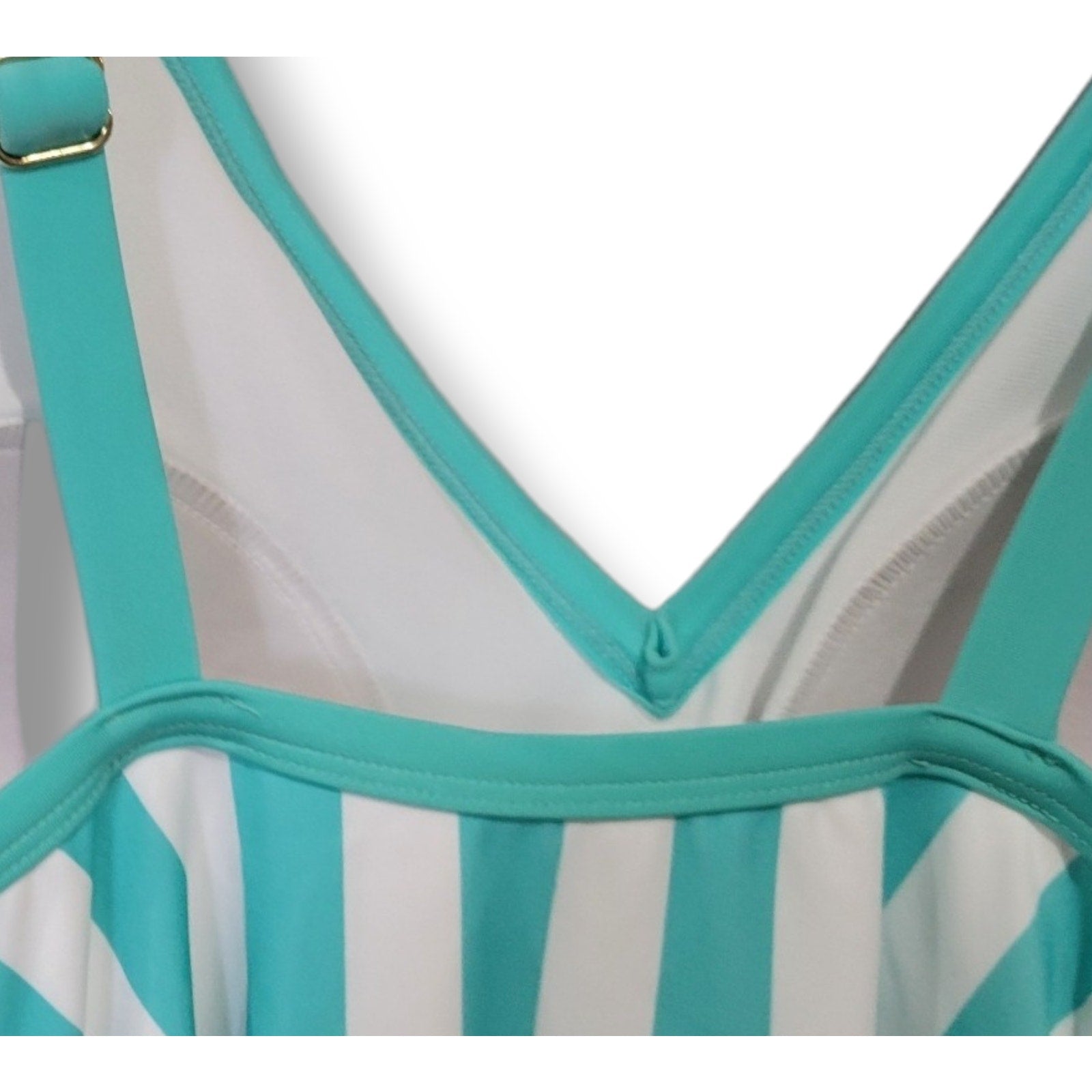 Kona Sol Women’s Teal & White Striped V-Neck One-Piece Swimsuit New