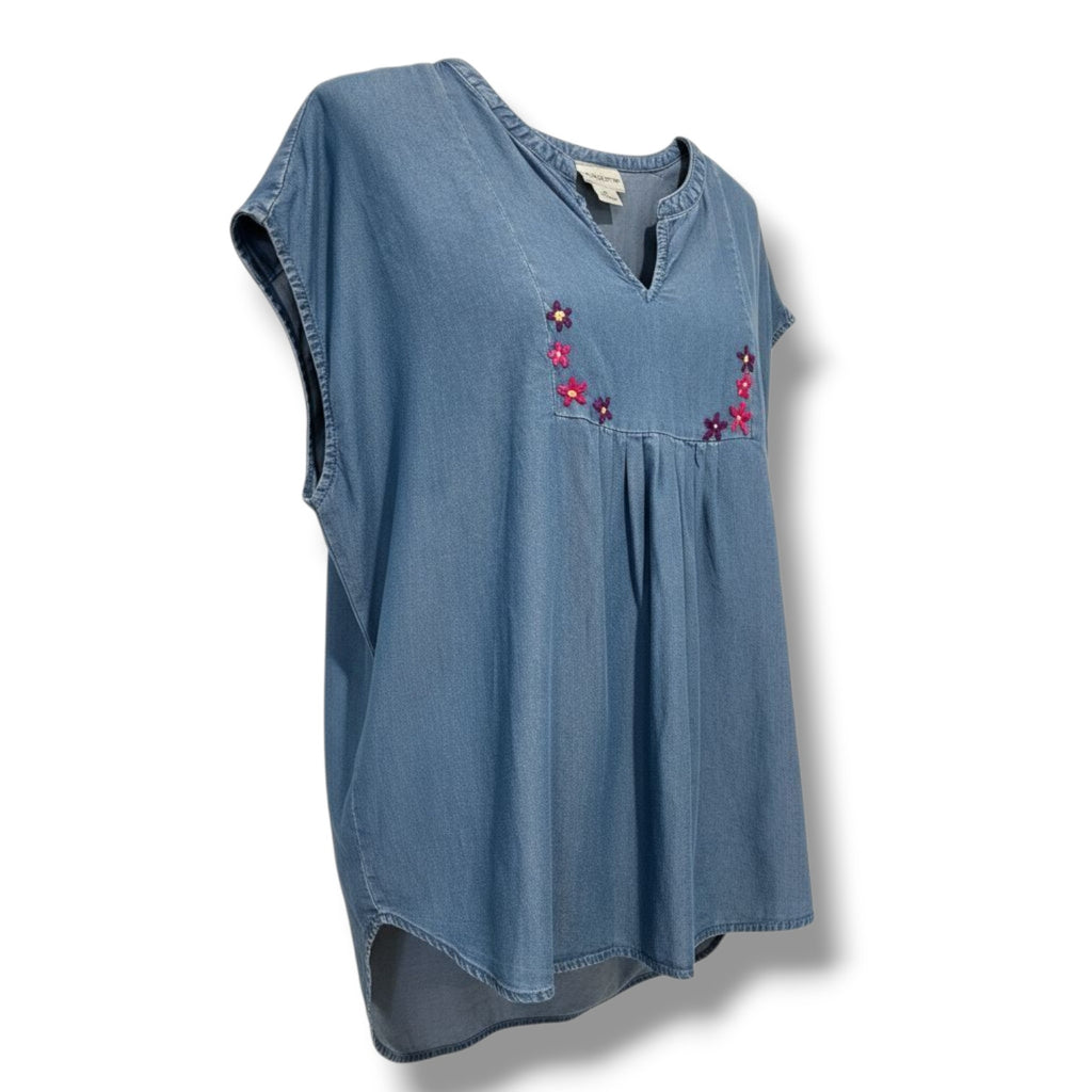 Liz Claiborne Women’s Chambray Blue Embroidered Sleeveless Top – 100% Lyocell XL