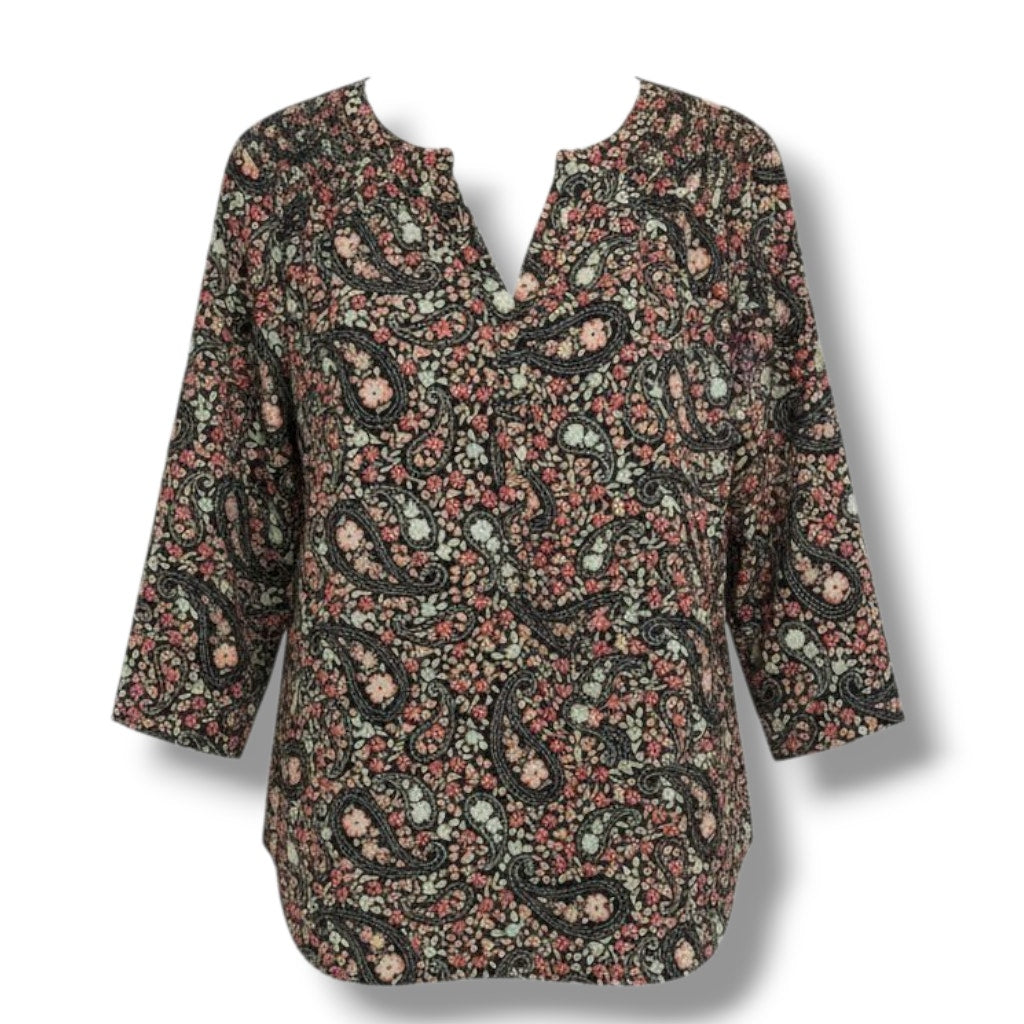 Croft & Barrow Womens Multicolor Paisley Button-Down Blouse Convertible Sleeves