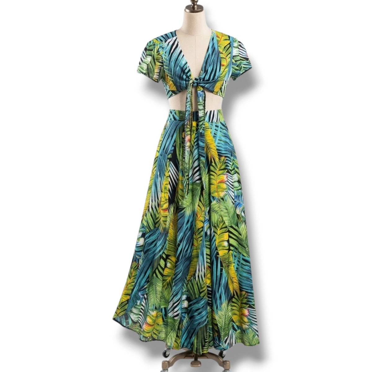 SHEIN Tropical Palm Print 2-Piece Crop Top & Wrap Maxi Skirt Set Green Blue Small