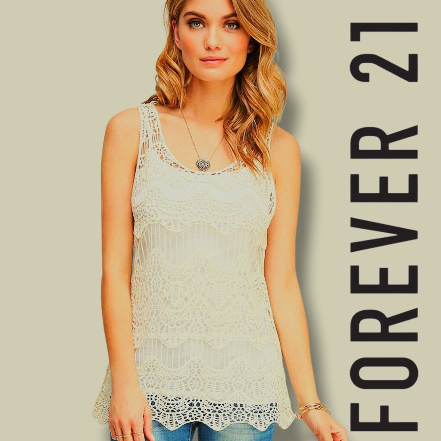 Forever 21 Contemporary Beige Crochet Sleeveless Top – Size XS