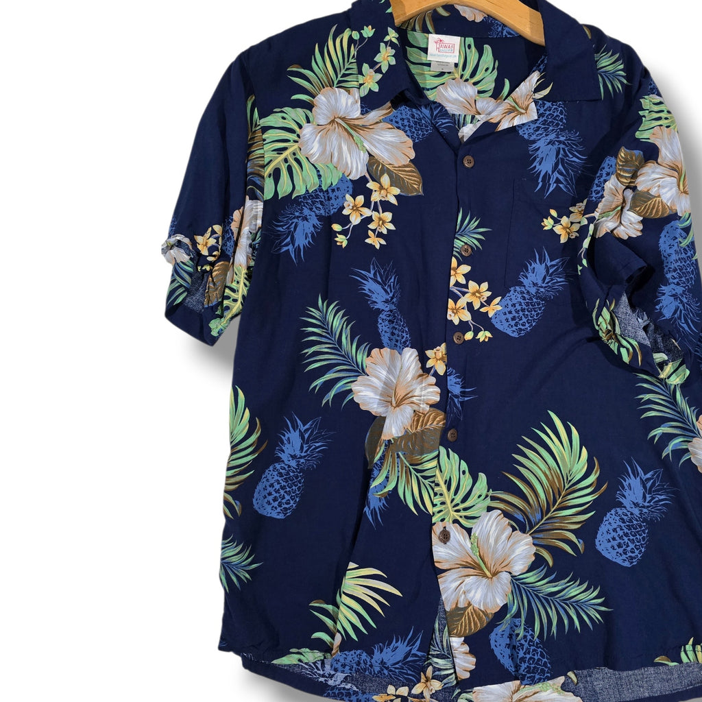 Hawaii Hangover Men’s Navy Tropical Floral Hawaiian Shirt Rayon Medium