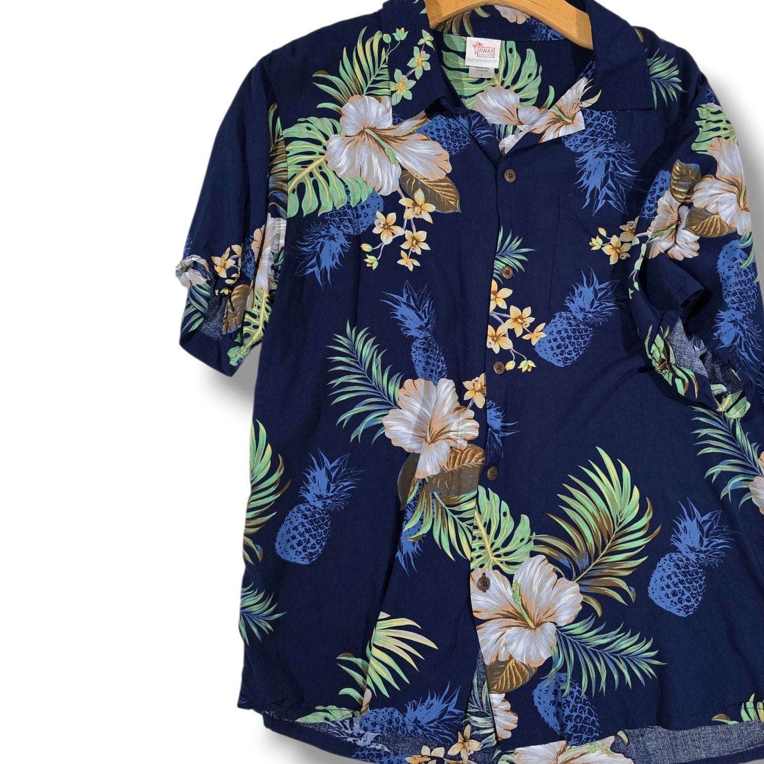 Hawaii Hangover Men’s Navy Tropical Floral Hawaiian Shirt Rayon Medium