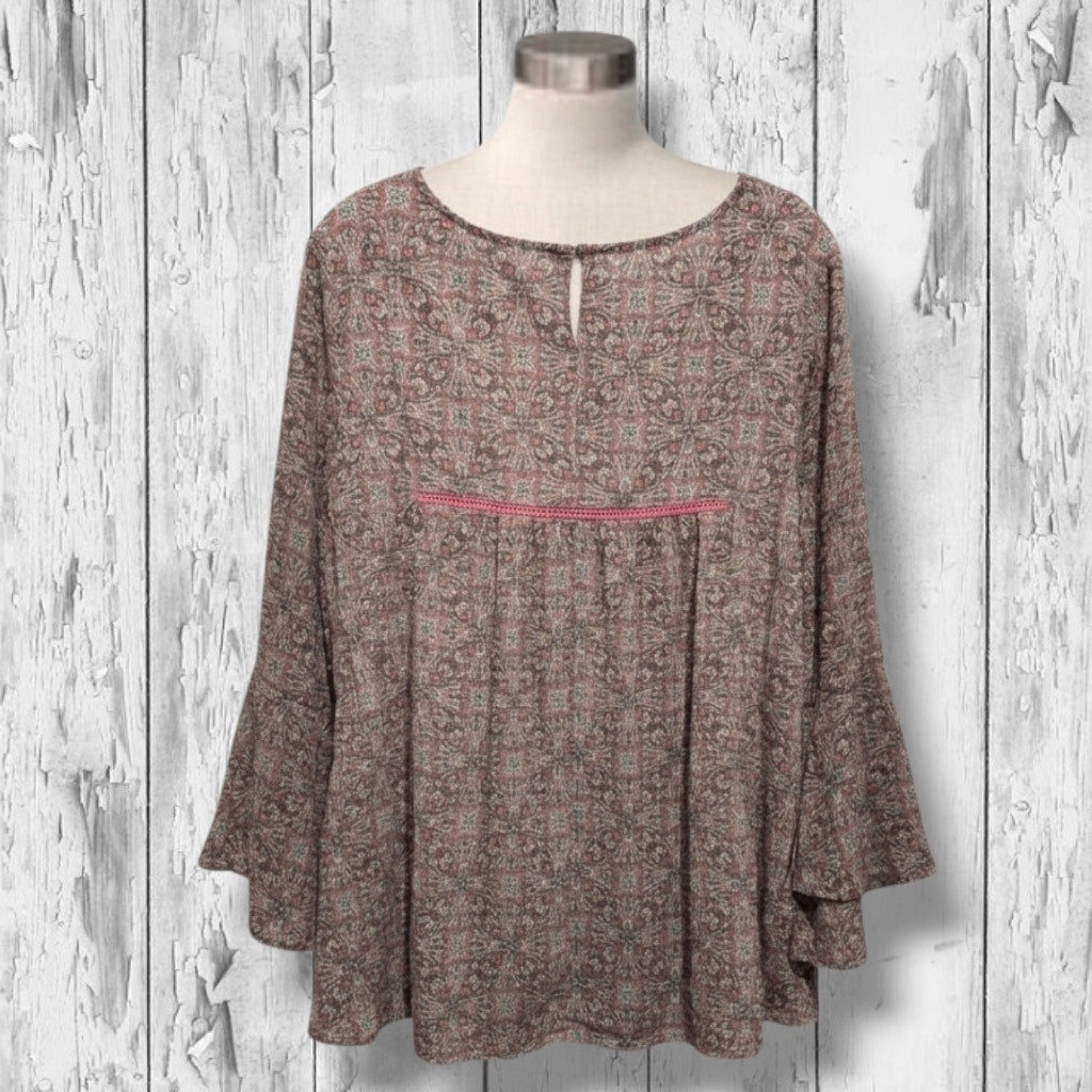 Terracotta women's Paisley Smocked-Accent Bell-Sleeve Blouse xl