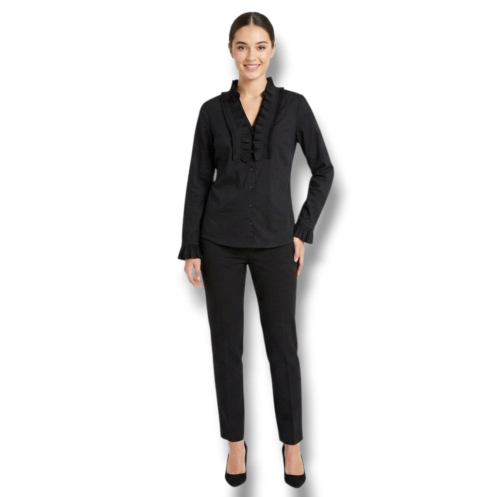 Artrageous women's Black Pleated Ruffle Trim Button-Down Blouse – Small