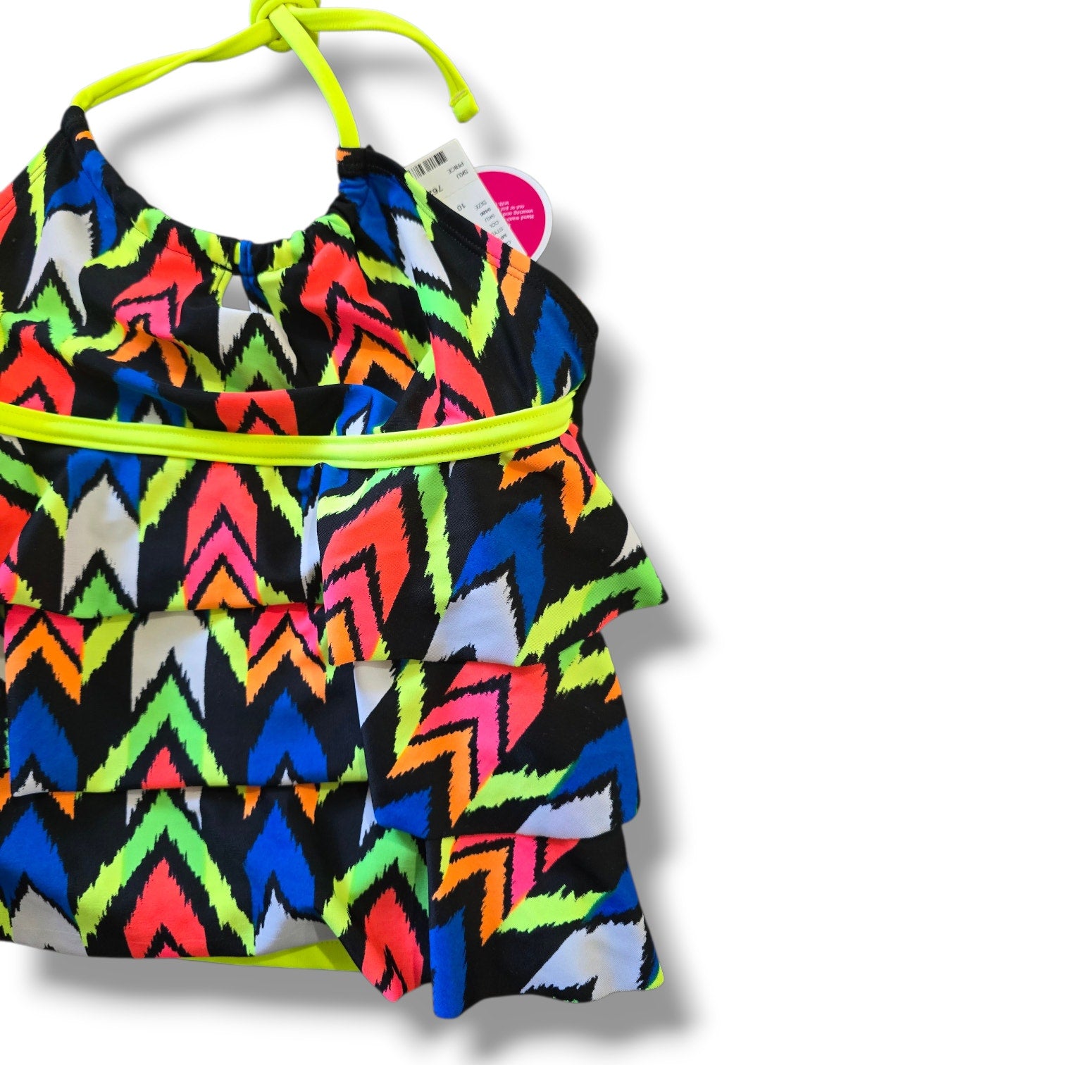 Justice Girl’s Neon Chevron Tiered Ruffle Tankini Swim Top – Size 10 NWT