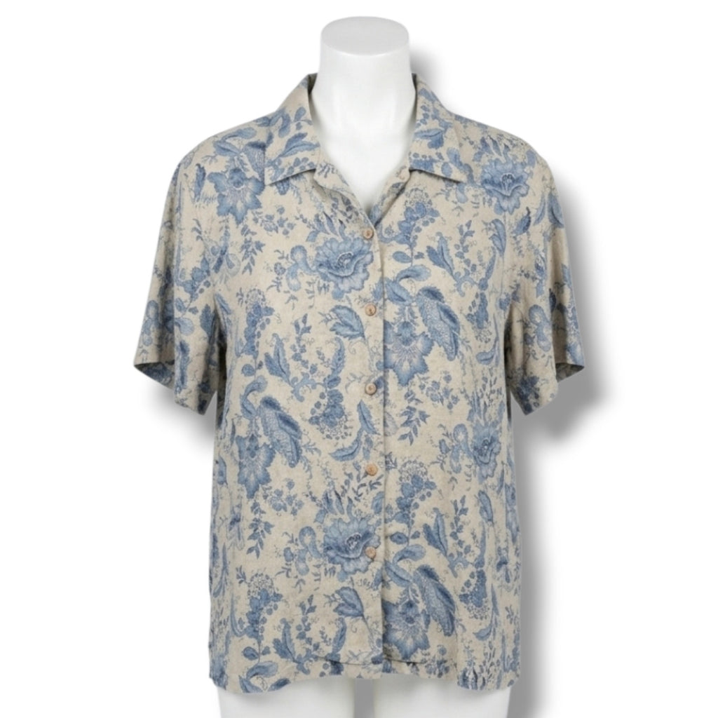 Charter Club Woman Size 16W Blue Beige Floral 100% Linen Button Down Shirt