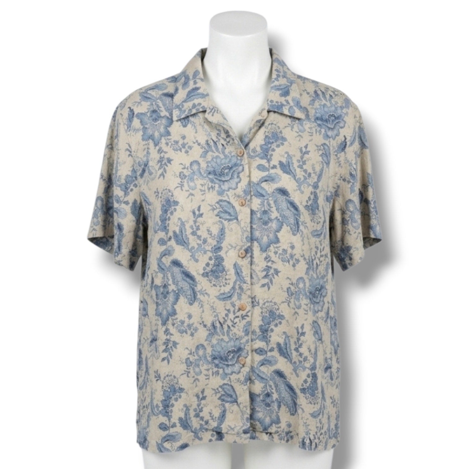 Charter Club Woman Size 16W Blue Beige Floral 100% Linen Button Down Shirt