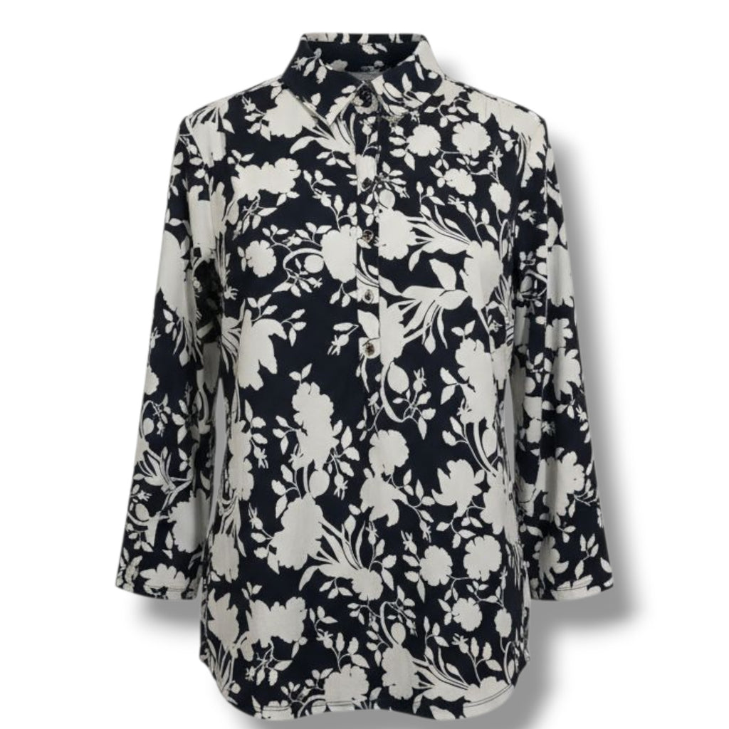 Charter Club Women’s Floral Print Blouse Midnight Blue White Button Front Top L