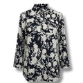 Charter Club Women’s Floral Print Blouse Midnight Blue White Button Front Top L