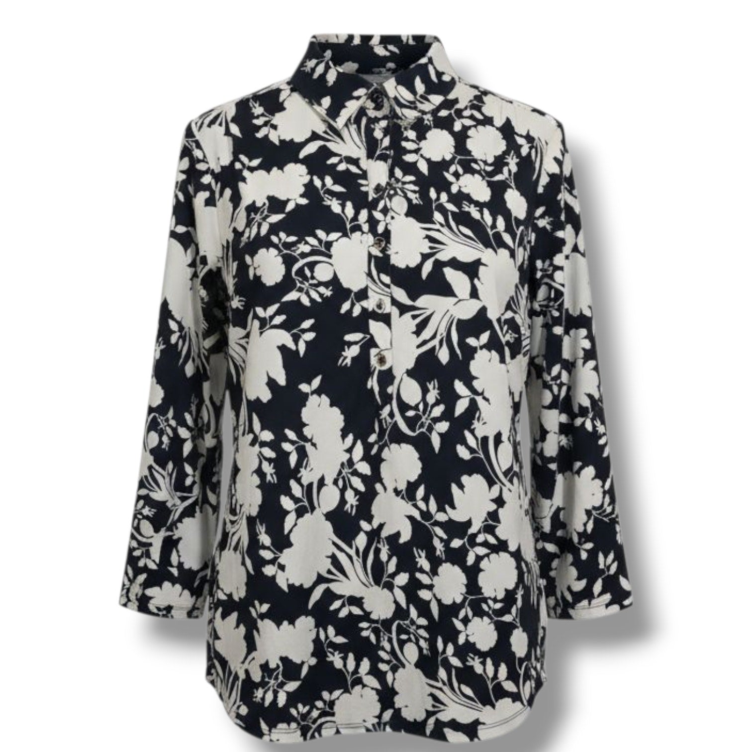 Charter Club Women’s Floral Print Blouse Midnight Blue White Button Front Top L