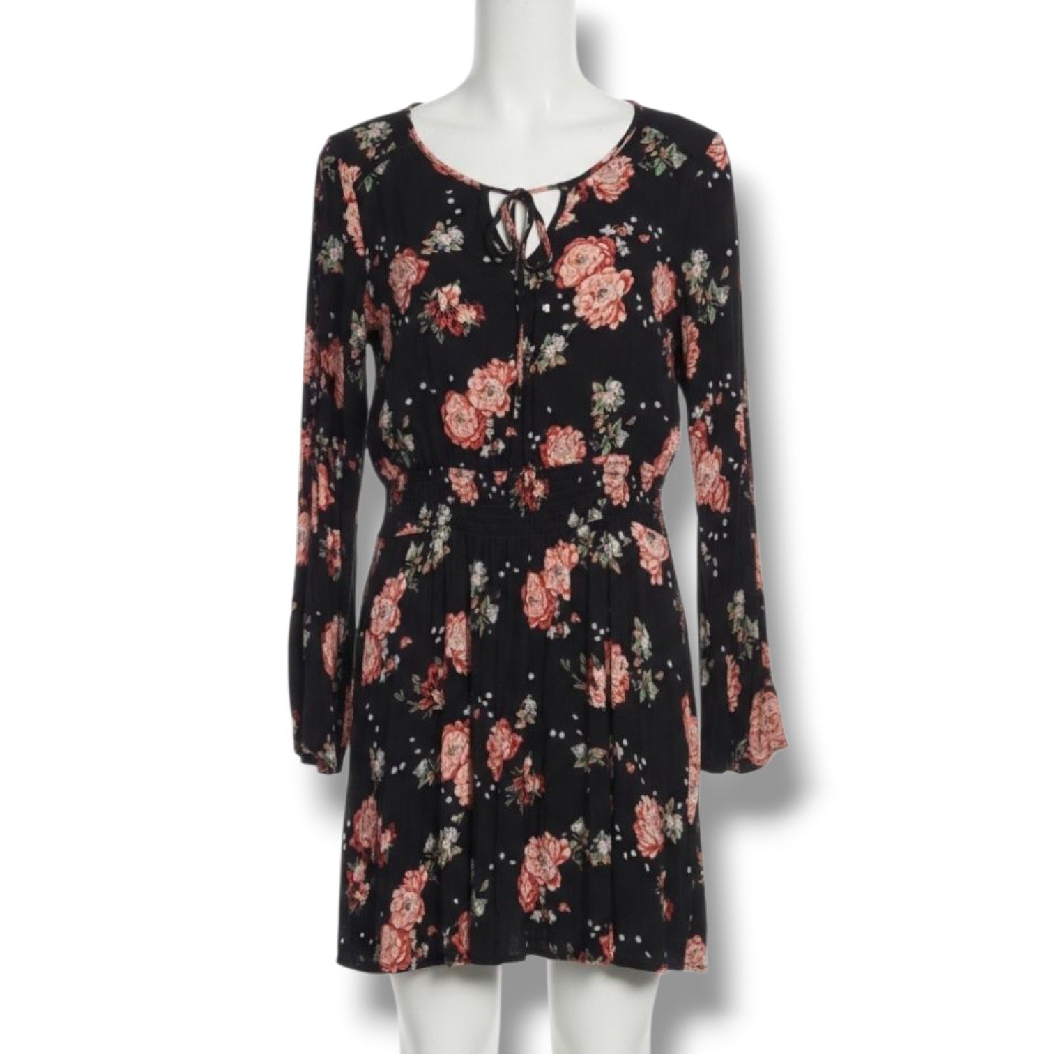 American Rag Cie Juniors Black Floral Lace-Up Bell Sleeve Dress – Size Small