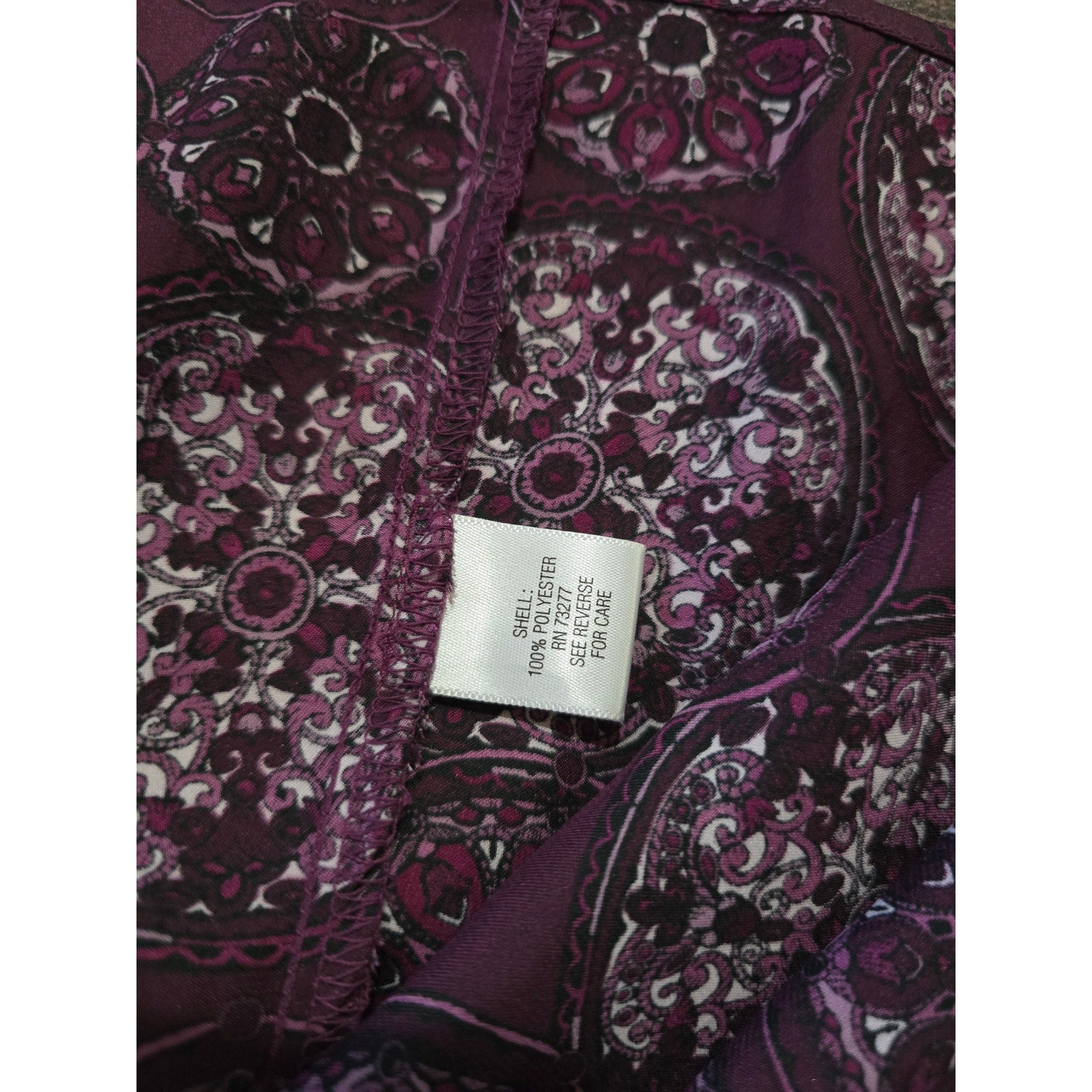 Apt. 9 Women's Tie Neck Blouse Medium Button Front Ruffle Sleeveless Plum Print