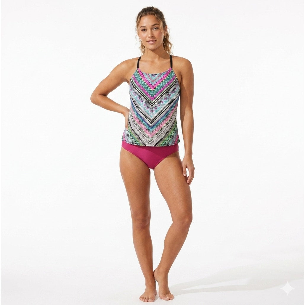 Clean Water Women’s Multicolor Mixed Print Tankini Swim Top Small Built-In Bra