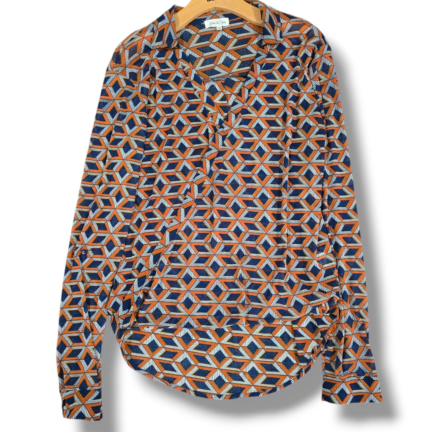 Eden & Olivia Geometric Print Faux Wrap Collared Blouse