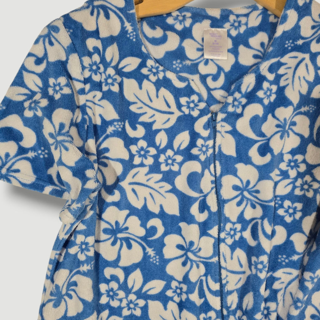 Secret Treasures Blue White Tropical Hibiscus Terry Zip Up House Dress Robe M