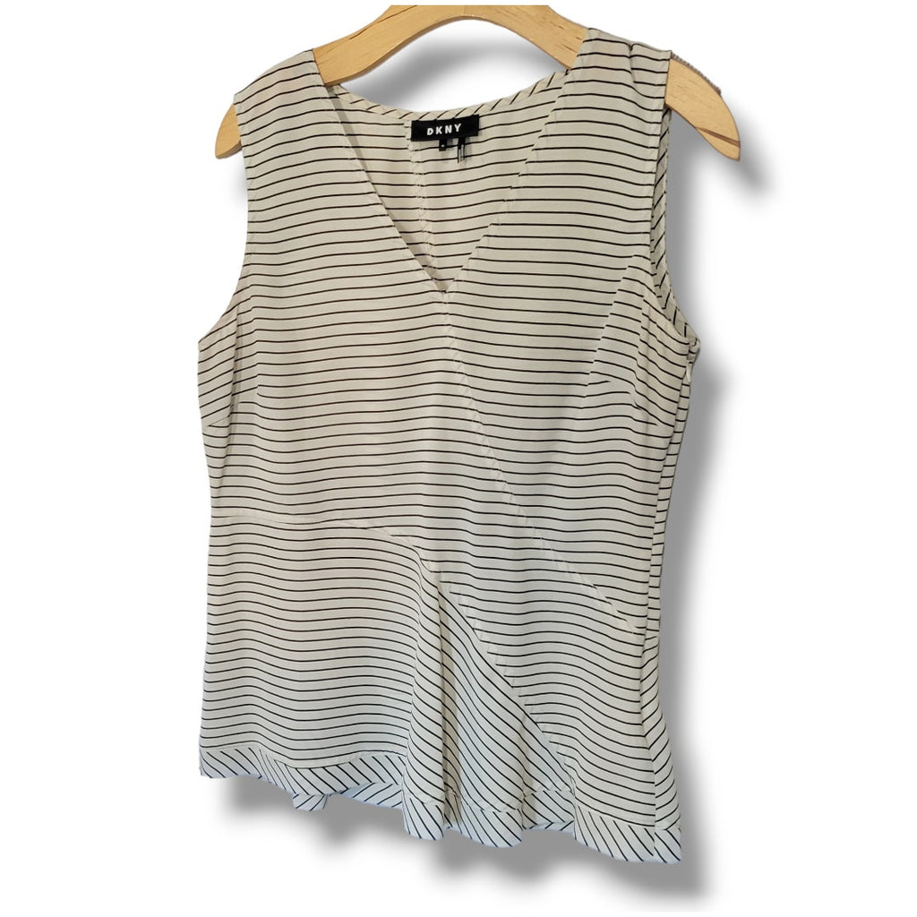 DKNY Women’s Ivory and Black Striped Sleeveless Peplum Blouse – Size 10